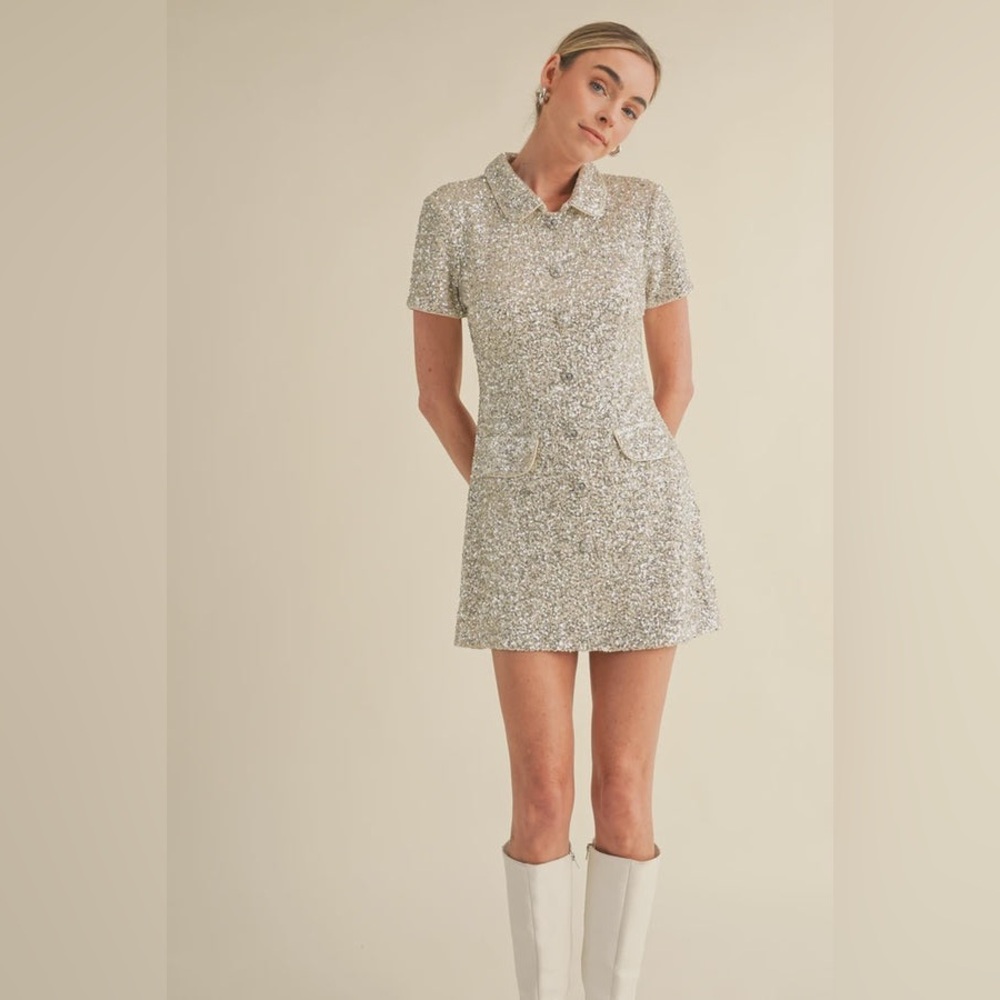 Anthro X Mable Sequin Mini Button Front Collared Shirtdress